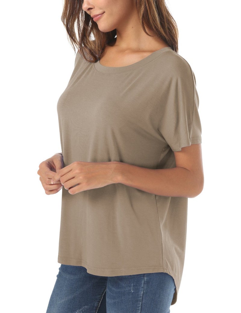 Herou Summer Short Sleeve High Low Loose Tops for Girls Oversized Basic Tops T Shirt Light Coffee Large - Image 2